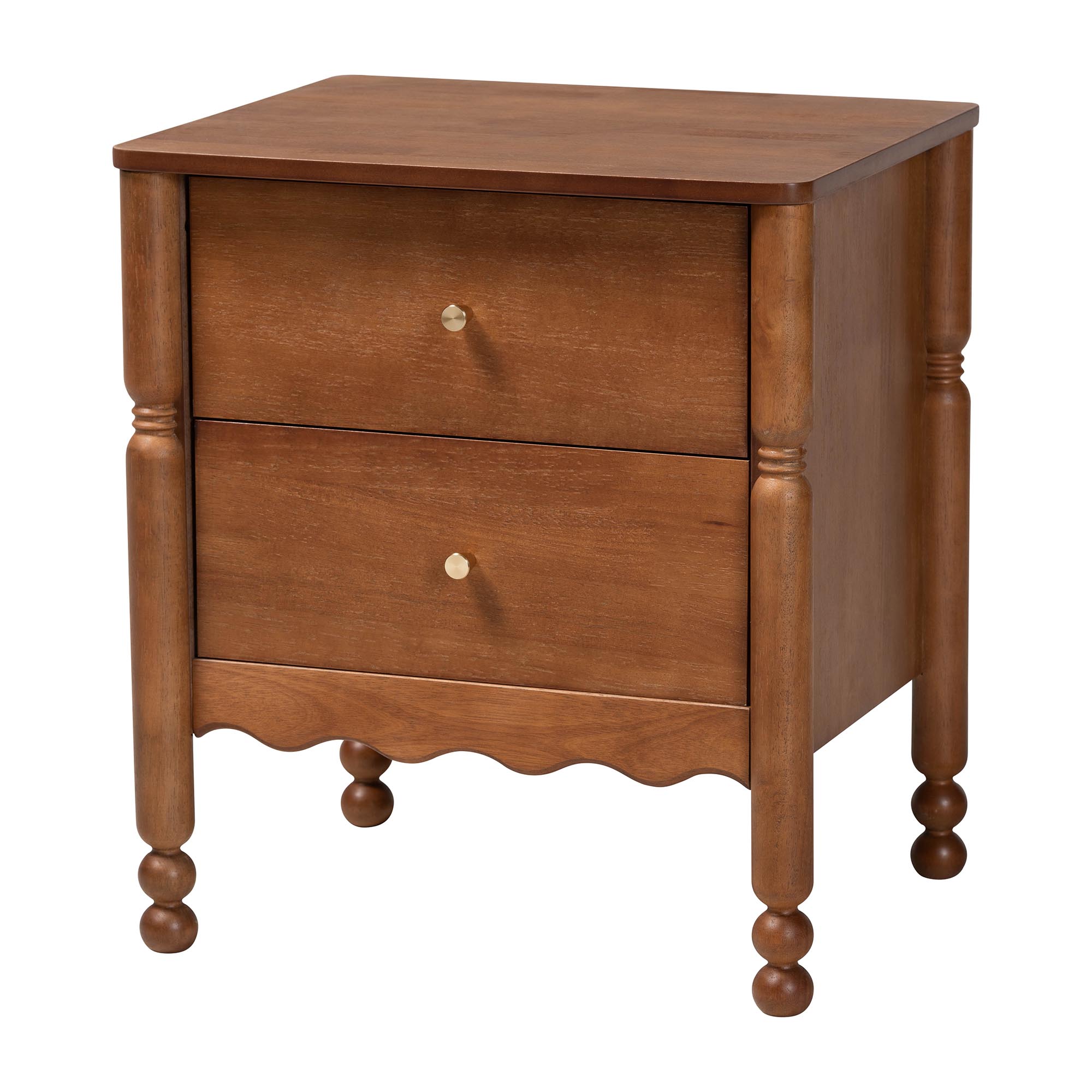 Baxton Studio Hoffman Nightstand - 2-Drawer Bedside Table with Scalloped Apron and Turned Legs for Bedroom, Walnut Brown